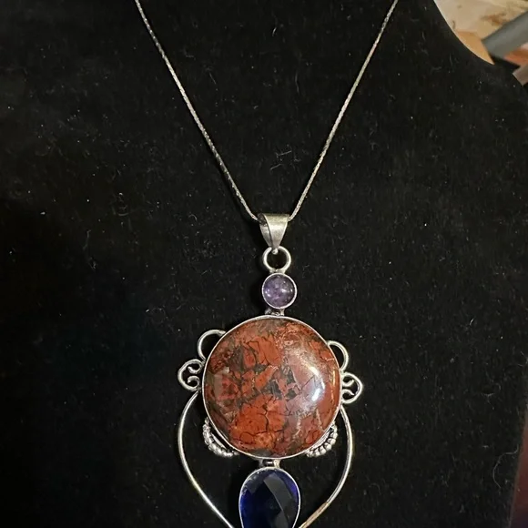 Red Jasper & Amethyst Pendant Necklace on Sterling Silver Chain